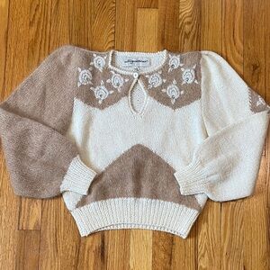 VTG Alpaca Angora Wool Puff Sleeve Sweater with Embroidered Flowers and Crystals